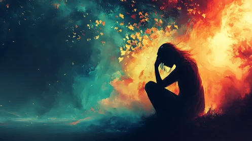 Silhouette woman between fire and sea of dissolving color.