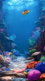 Digital reef corridor with stylized clownfish focal hierarchy.