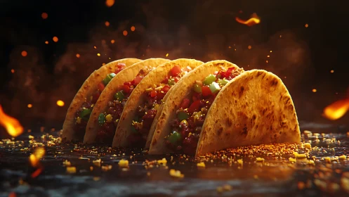 Spicy grilled beef tacos lined on ember-lit dark surface.