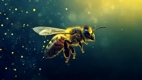 Honeybee in lateral midair view is rendered in sharp focus