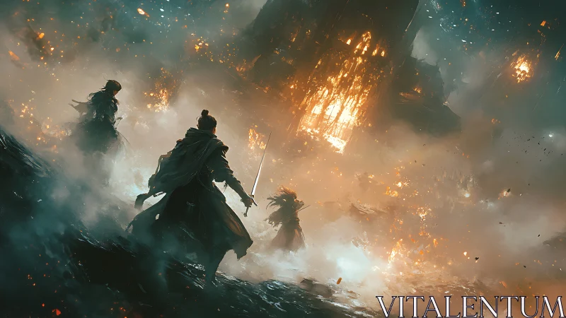 Blades rise through ember fog before a collapsing citadel.