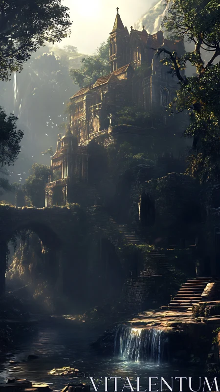 Sunlit hidden cathedral above a quiet forest river valley.