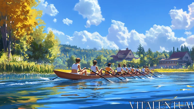 Competitive youth rowing crew on sunlit lake with cottages