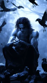 Brooding shirtless figure in moonlit forest with circling crows