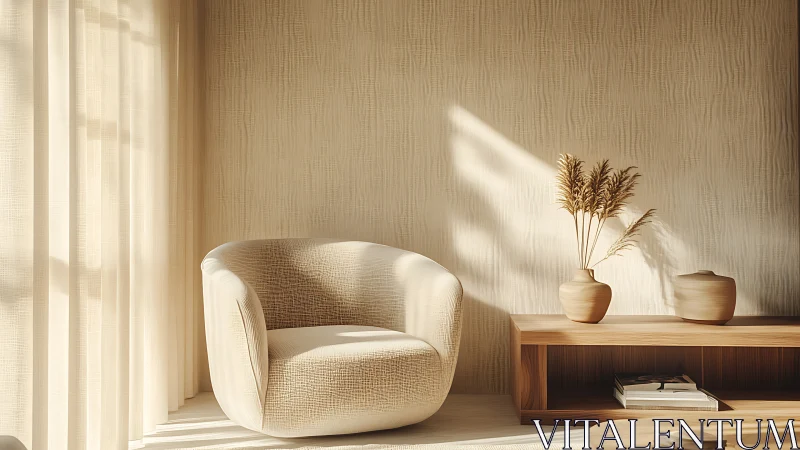 Soft sunlight warms minimalist lounge with cozy cream chair