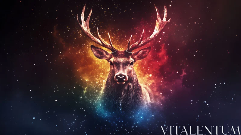 Cosmic stag portrait with radial nebula gradient and starfield integration