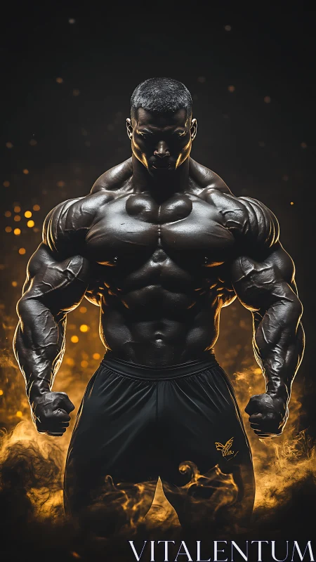 Digital hyperreal bodybuilder framed by molten light clouds.