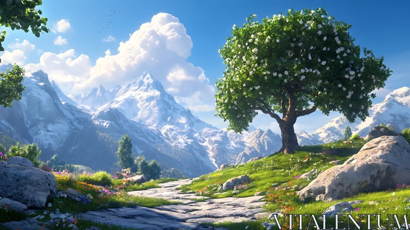 Solitary blossom tree stands radiant above sunlit peaks