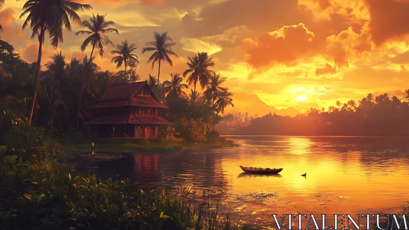 Sunlit tropical river home resting under glowing skies.