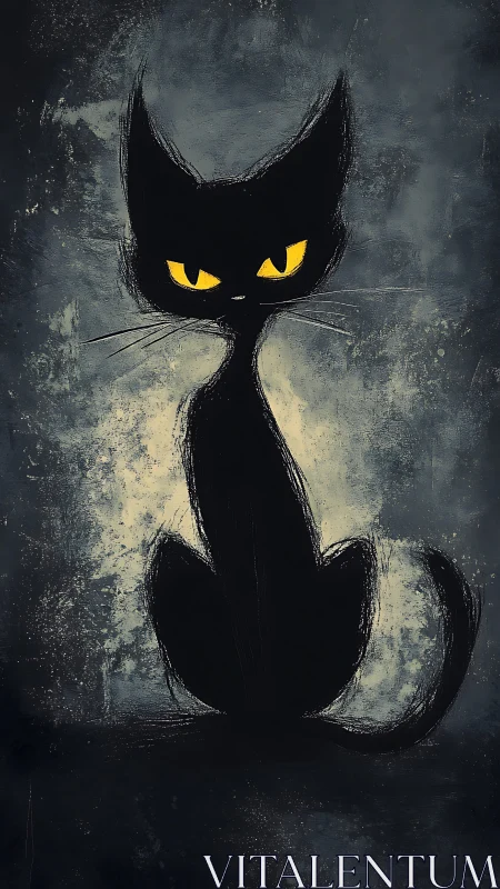 Stylized black cat silhouette with intense yellow eyes.