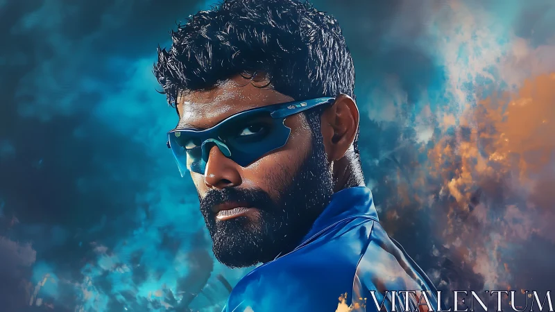 Bearded athlete wearing sunglasses stands in vivid clouds