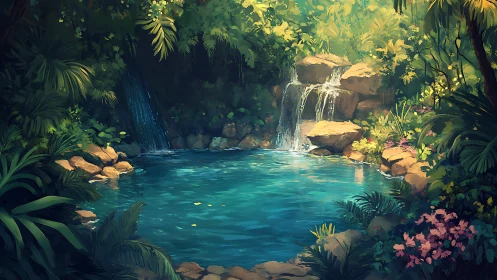 Sunlit jungle pool with cascading twin waterfalls in view