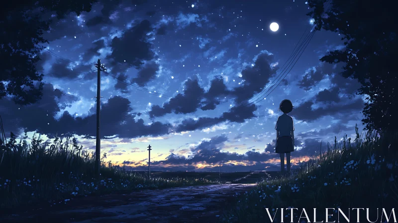 Nocturnal rural path with silhouetted child under starry sky