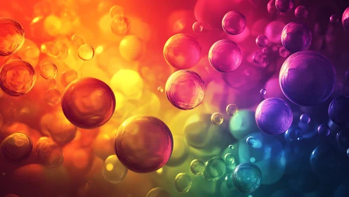 Luminous rainbow spheres drift through a glowing abstract space