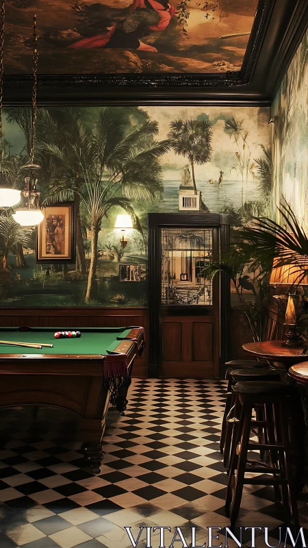Vintage billiards room glows beneath lush tropical murals.