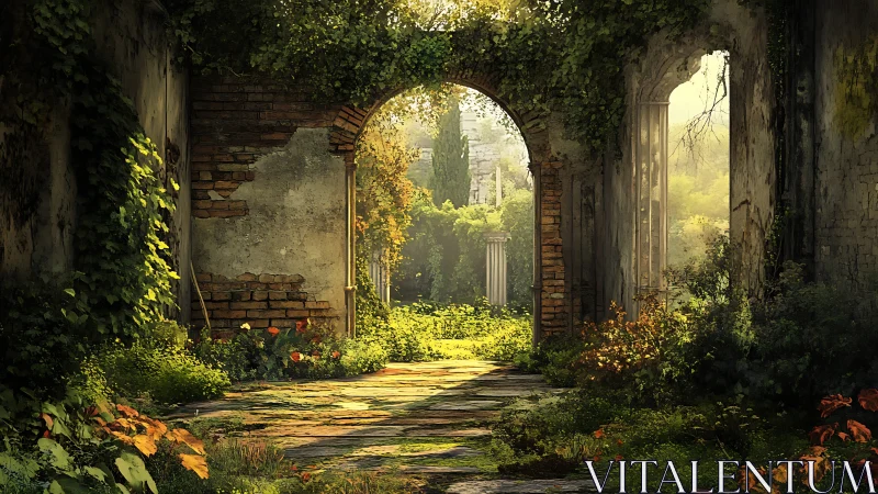Sunlit overgrown courtyard fills ruined stone archway