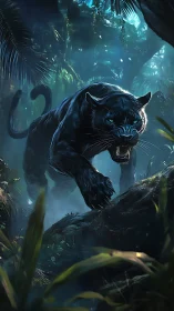 Midnight Prowler: Digital Panther in Mystical Jungle Depths.
