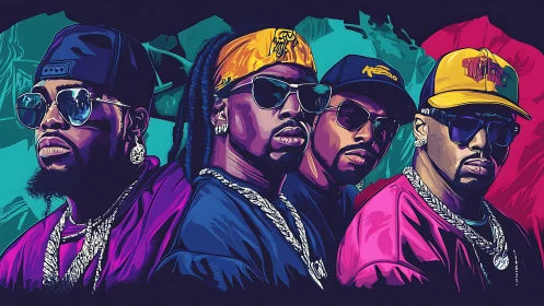 Bold hip hop portrait lineup in neon graphic style.