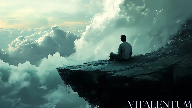 Solitary figure seated on rocky ledge above dense clouds.