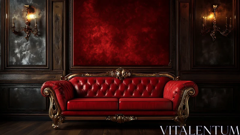 Baroque red leather sofa in dark wood paneled interior