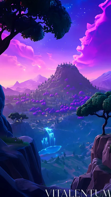 Vibrant fantasy valley with glowing waterfall at dusk.