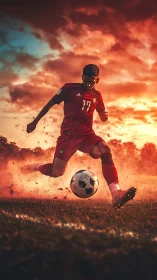Soccer player kicks ball under blazing sunset sky