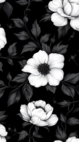 Elegant white flowers bloom against dramatic black background.
