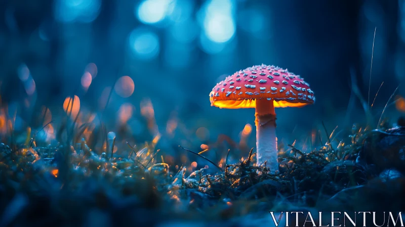 Glowing red forest mushroom under dreamy blue twilight.