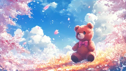 Plush teddy bear under cherry blossoms in pastel spring meadow
