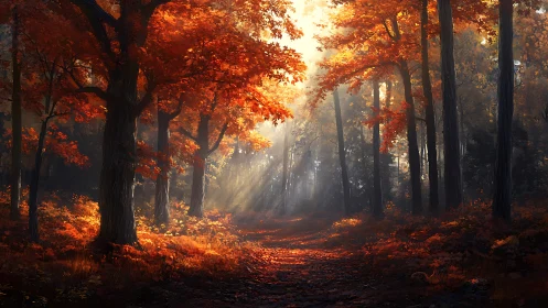 Autumn's Luminous Cathedral: Golden Rays Pierce Flame-Tinted Forest.