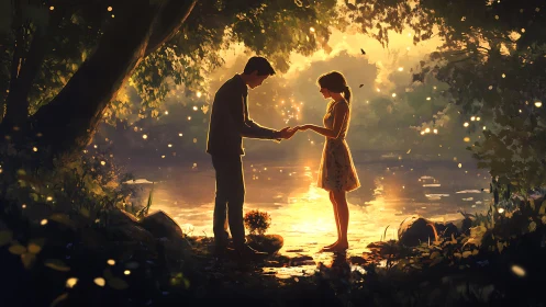 Golden hour lovers share a quiet promise beside the lake