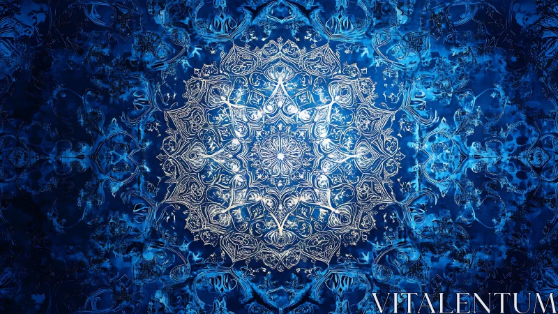 Intricate white mandala glows over deep electric blue field.