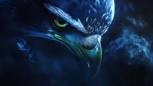 Intense Close-Up of Blue Hawk in Dramatic Digital Art Style.