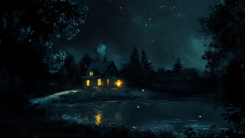 Cozy lakeside cottage glowing softly under the starlit sky.