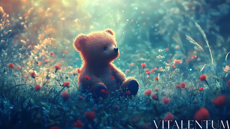 Soft toy bear under volumetric backlight in shallow depth field