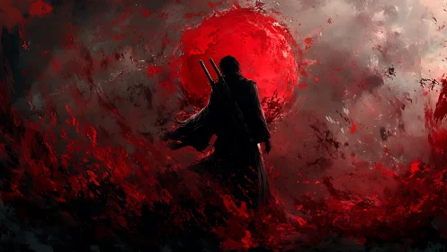 Lone warrior strides toward a burning crimson eclipse sky