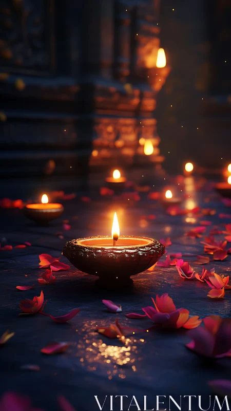 Clay oil lamps with flower petals on dark stone floor.