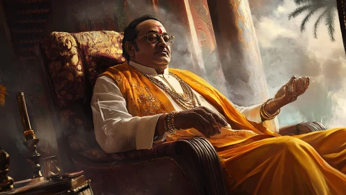 Regal guru seated in ornate chair under diffused golden light