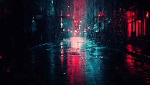 Neon city street reflects heavy rain under moody night sky