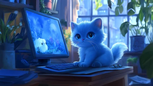 Luminous Blue Feline at Digital Workstation with Ambient Daylight.