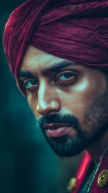Regal portrait captures intense gaze beneath crimson turban.