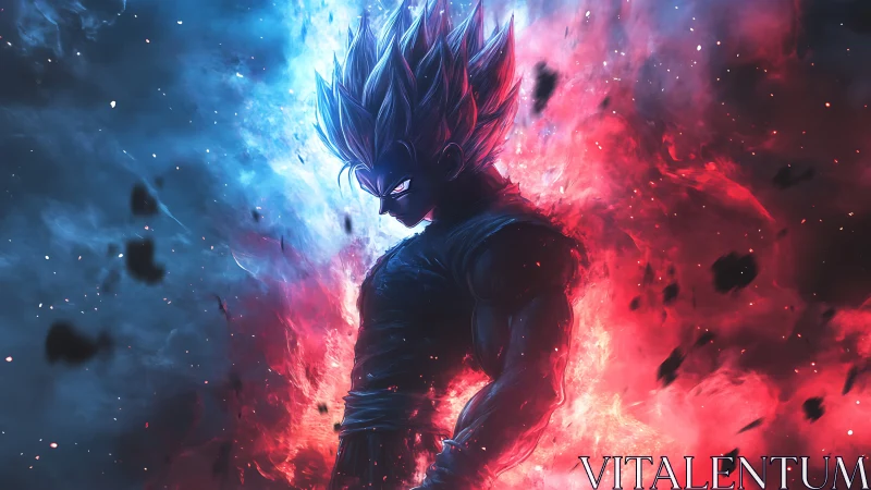 Energy-charged anime fighter in blue and red split aura.