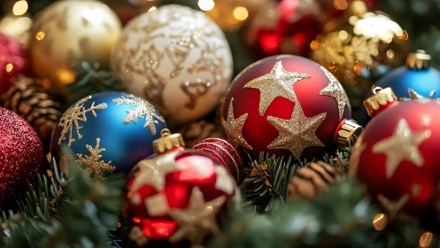 Glittered stars nestle among baubles in a festive forest glow