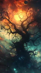 Cosmic world tree illuminated by fiery celestial eclipse.