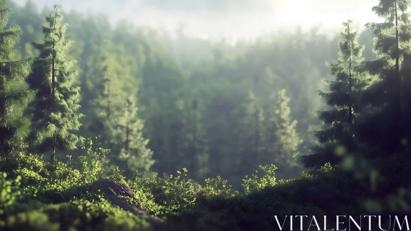 Misty coniferous forest with sunlit clearing through trees.