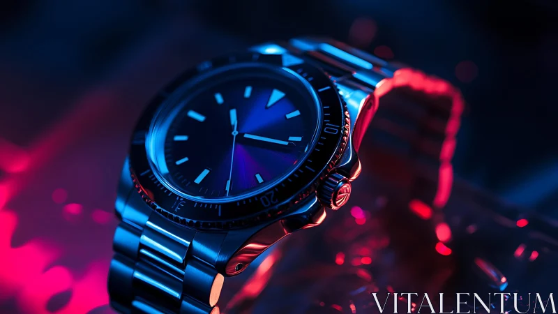 Stainless steel wristwatch under blue and pink lighting.