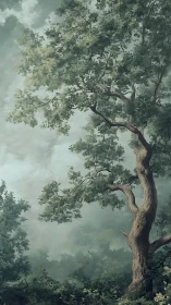 Weatherwise oak leaning into a mist-softened morning sky.