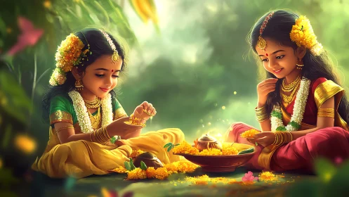 Festive Indian girls arranging marigold flowers outdoors.