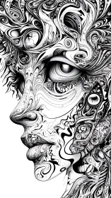 Surreal monochrome profile integrates fractal facial ornamentation