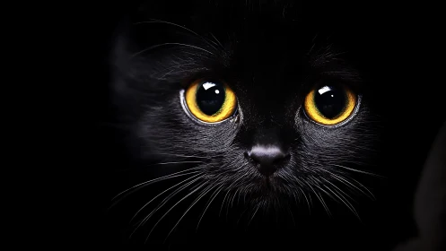 Black Cat with Golden Eyes Against Dark Background.
